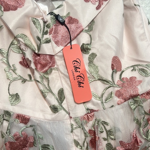 Chi Chi London Pink Bardot Lace Embroidered Overlay Midi Dress - Picture 7 of 8
